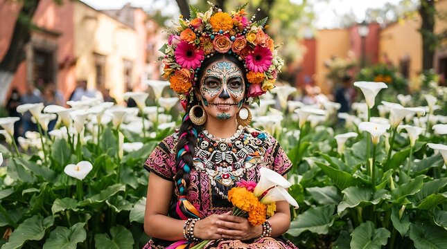 Woman with skull makeup and flower crown standing among white calla lily flowers outdoors with woman wearing traditional bouquet while standing