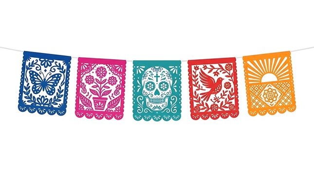 Colorful paper cut out bunting flags hanging on a string against a white background with Five decorative paper flags intricate cutout patterns butterfly