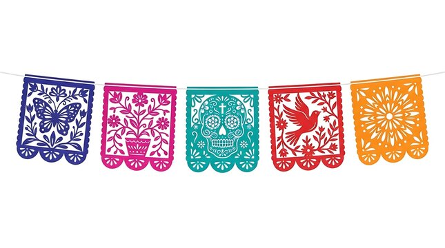 Multicolor decorative paper banners with cutout designs hanging on a string against white background with colorful rectangular paper