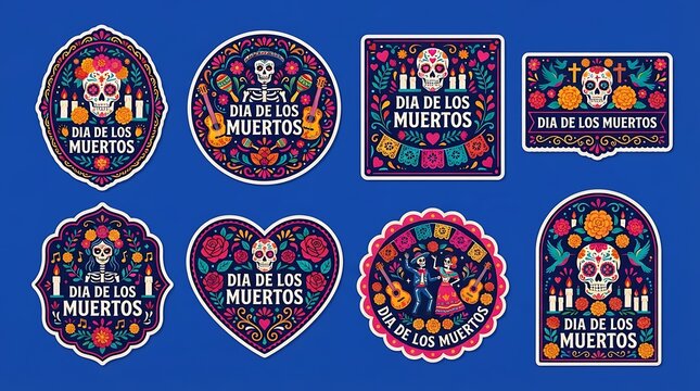 Set of colorful day of the dead stickers featuring skulls and traditional mexican folk art illustrations with decorative sticker collection