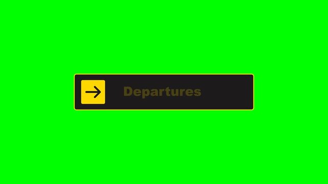 Premium commercial microstock asset featuring a single airport Departures informational sign with a precisely positioned right-pointing arrow, perfectly centered typography, and stable blinking animat