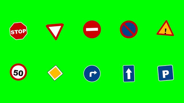 4K seamless HTML/JS animation featuring a perfectly symmetrical grid of 10 highly precise traffic signs floating and pulsing on a chroma key background.