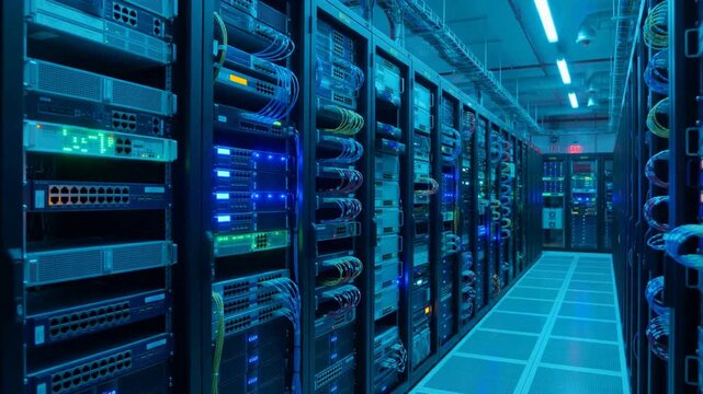 Futuristic data center server room with blue LED lighting, high tech mainframe server racks in cloud computing network infrastructure