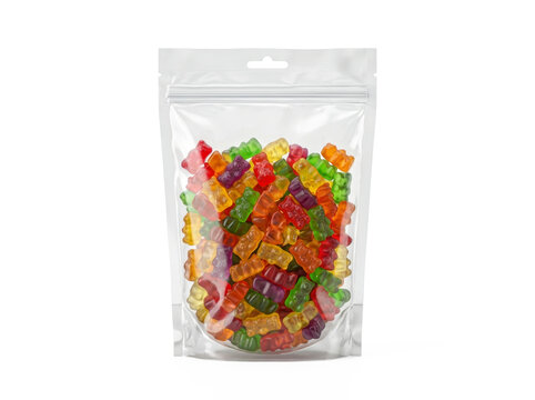 Gummy bears in clear pouch, colorful sweets, candy food packaging mockup