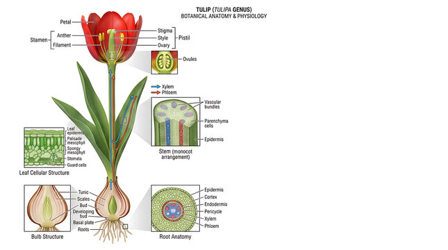Educational diagram of flower anatomy detailing the internal parts of a plant including bulb root stem and leaf cells