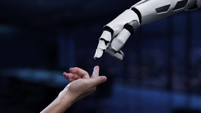 A robot hand reaches towards a digital display highlighting agile development, symbolizing the intersection of technology and innovative methodologies in modern business. Synapse