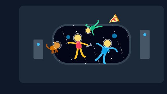 Stick figure astronaut family and cat floating in zero gravity inside a spaceship window with a pizza slice and balls in a starry space animation