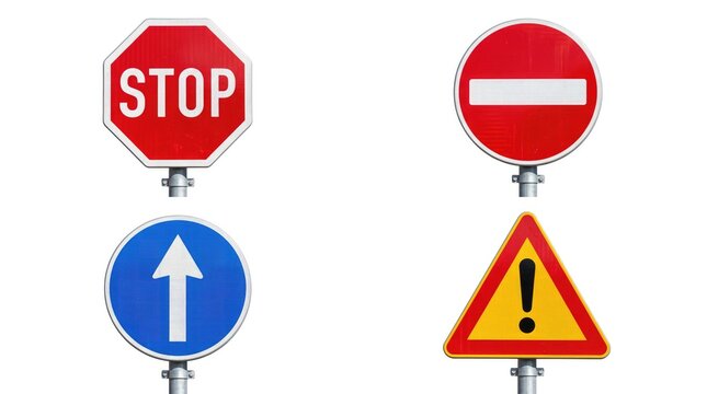 Collection of four traffic signs with different messages on poles outdoors