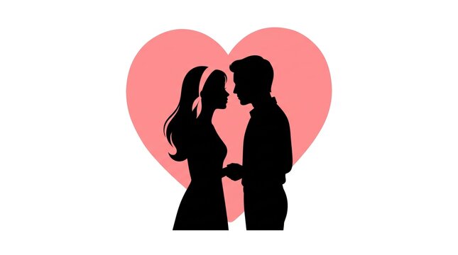 Silhouette of a couple sharing a romantic moment with a pink heart backdrop for Valentine's Day themes