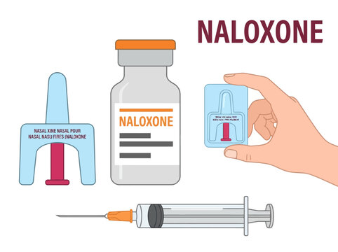Naloxone Medical Kit Illustration for Opioid Overdose Reversal with Nasal Spray, Medicine Vial, and Syringe