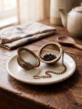 Brass Tea Strainer On Saucer Still Life