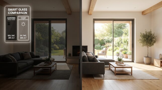 Smart glass sliding doors showing a comparison between darkened privacy mode with comparing opacity levels living room comparing screen view modern