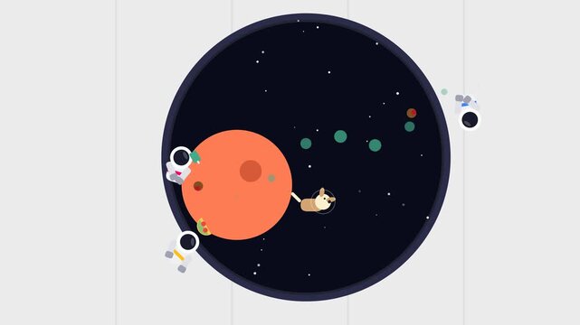 2D animation of a cute dog and astronauts floating with pizza slices and planets in a circular frame in outer space