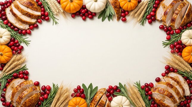 Roasted turkey breast slices with cranberries pumpkins rosemary and wheat ears arranged as frame on white background for autumn harvest celebration.
