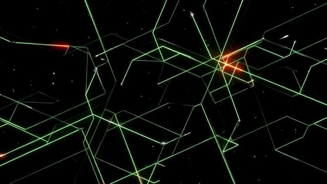 Green neon pathways intersect across a dark cybernetic landscape while bursts of orange light ignite along the network, creating a sleek futuristic visual inspired by cyberspace and electronic technol