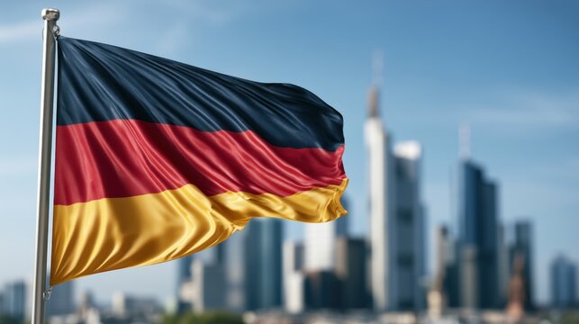Germany flag waving in front of modern city skyline on a sunny day