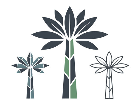 Three decorative palm tree vector designs with varying artistic styles and detail tropical botanical illustration silhouette stylized minimalist