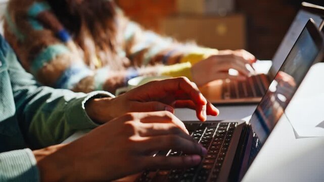 Closeup hands typing laptop keyboard. Startup team coding coffee loft office.