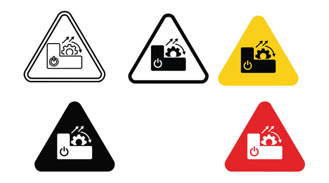 Set of triangular warning signs featuring industrial machinery gear and power icons industrial machinery triangle attention technical equipment