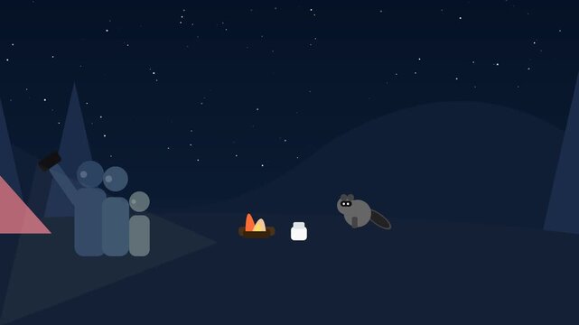 2D animation of a sneaky raccoon stealing a food jar from a campsite while people take a selfie by the campfire at night