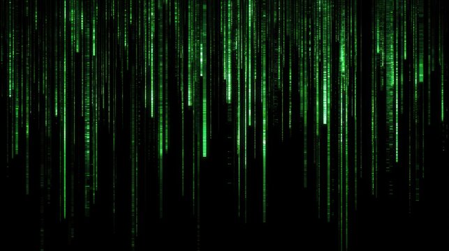 Abstract green digital rain falling lines on black background