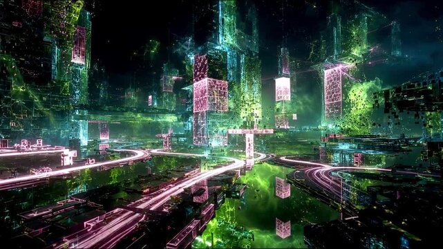 A luminous futuristic metropolis rises against the night, combining advanced urban architecture, vivid neon illumination and abstract digital forms to evoke the cities of tomorrow.