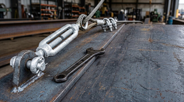Galvanized Steel Open Body Turnbuckle and Wrench on Industrial Steel Plate