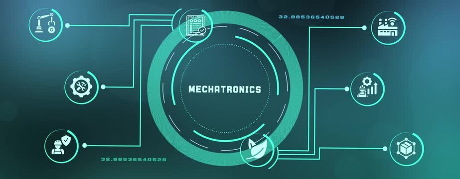 Mechatronics Technology Interface With Connected Sensors, Mechanical Systems and Intelligent Industrial Automation Icons.