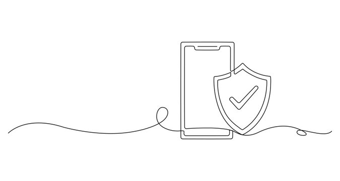 Continuous One Line Drawing of Smartphone and Security Shield Protection