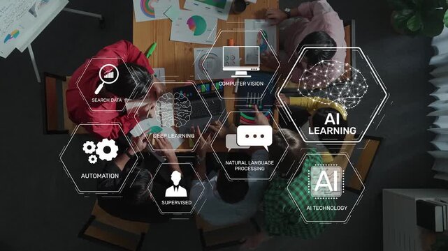 A diverse team collaborates over data analysis and AI technology, highlighting deep learning and computer vision in a modern workspace with digital tools. Raster