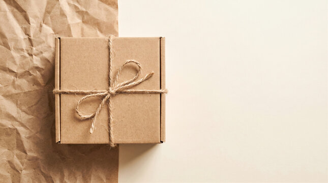 Kraft cardboard gift box tied with twine rope on beige background with copy space