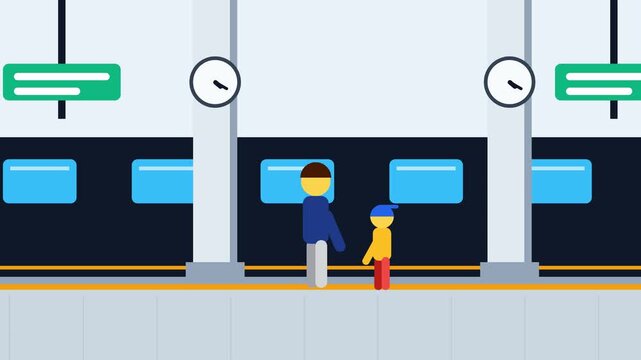 Minimalist 2D animation of an adult and child walking on a train station platform, abstract family traveling by train, stylized cartoon public transport concept