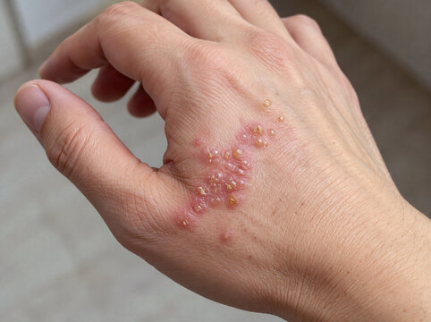 Shingles with red rash and clustered blisters on the back of a hand