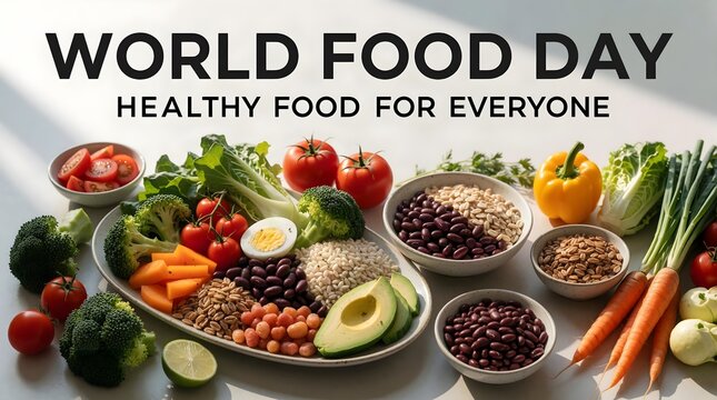 world food day typography with healthy nutritious foods and colorful ingredients