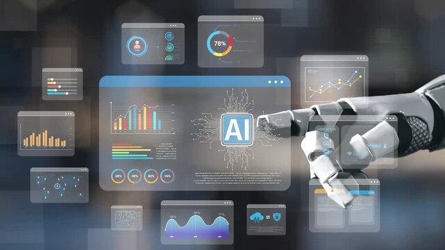 A futuristic robotic hand gestures toward a digital interface filled with data visualizations, graphs, and analytics, representing the evolution of artificial intelligence technology. Salient