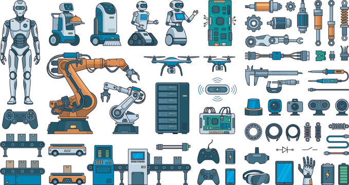 Robotics and industrial automation vector element set with smart factory mechanical arms drones engineering parts electronics and futuristic tech machine illustrations