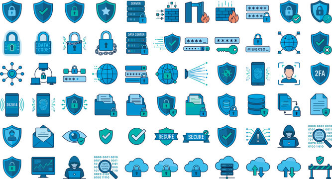 Cyber security and data privacy icon set with flat line symbols for internet protection encryption privacy network defense and information safety vector