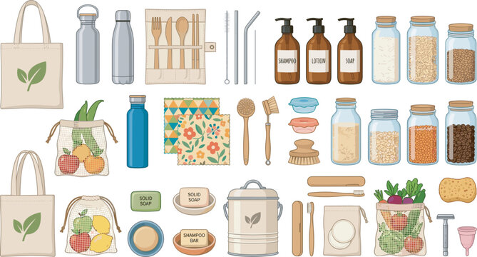 Eco friendly zero waste lifestyle icon set with reusable bags bottles jars and sustainable household products for green living concept vector