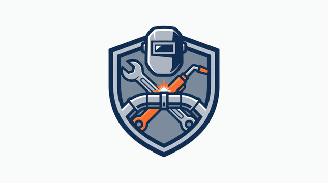 Welding mask with crossed wrench and pipe equipment inside shield logo industry construction engineering maintenance industrial protection illustration mechanical technician fabrication