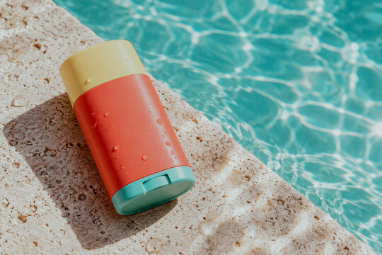 Sunscreen stick on stone pool edge