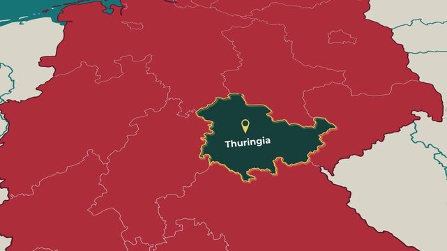 Animated map of Thuringia, Germany, highlighting the federal state boundary and location within Germany. Useful for geography, education, regional analysis, news, documentary and European content