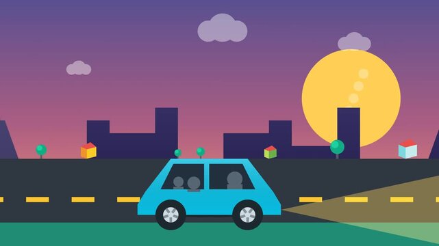 2D animation of a blue car driving through a stylized Paris cityscape at twilight with the Eiffel Tower in the background