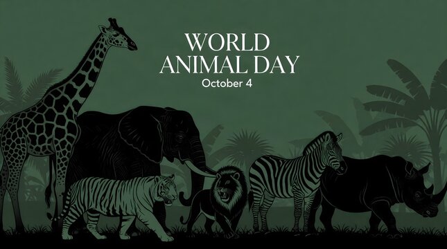 world animal day typography with wildlife silhouettes on dark green background