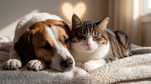 cute dog and cat resting together at home in a cozy peaceful setting