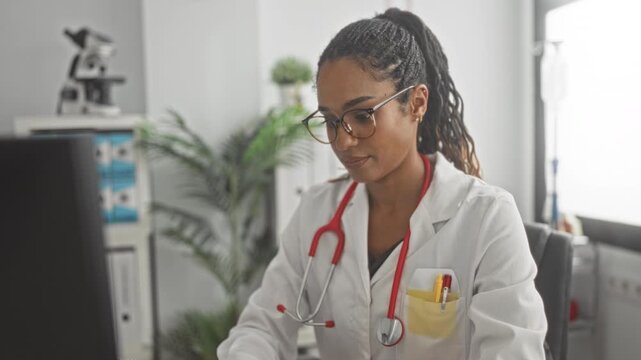 Woman doctor with red stethoscope typing on computer, right hand on keyboard and glasses on face in clinic building; focused care.