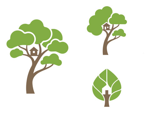Graphic illustration set featuring stylized trees with houses nestled in branches building illustration environment dwellings sustainable