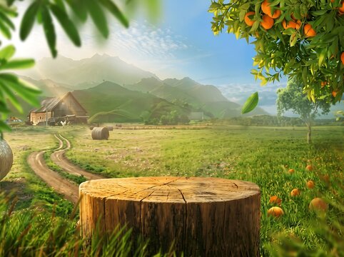 Wooden log podium in sunny orchard farm landscape for displaying seasonal products.