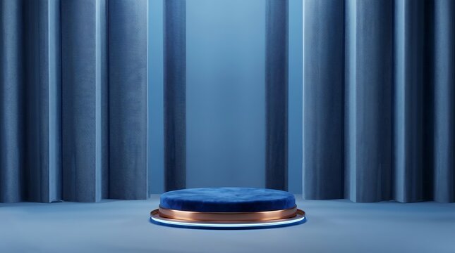 Round velvet blue podium with gold ring and neon trim for luxury product display.