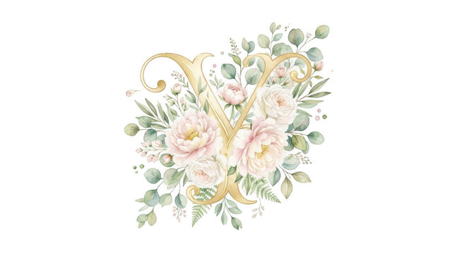 Golden initial Y with delicate pastel roses and eucalyptus leaves isolated on transparent background