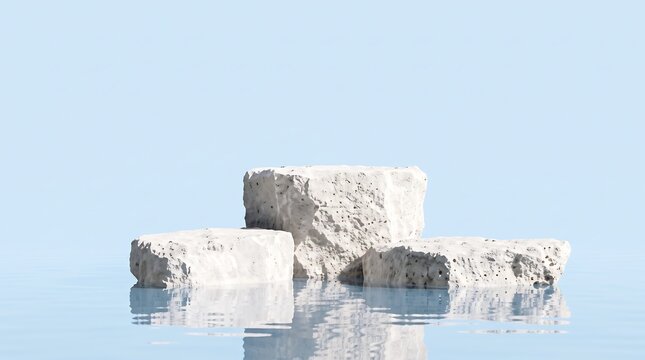 Stone rocks arranged as display platforms on calm water surface for ethereal product photography.